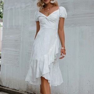 White Puff Sleeve Midi Dress